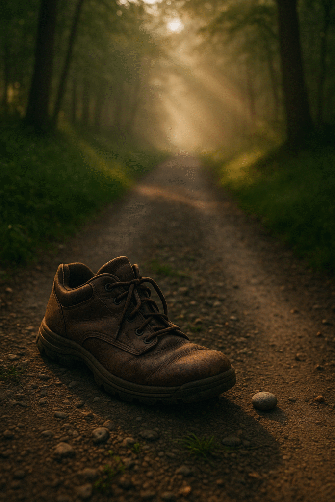 A worn leather shoe beside a pebble on a narrow path, symbolizing the discomfort and beauty of truth and grace.