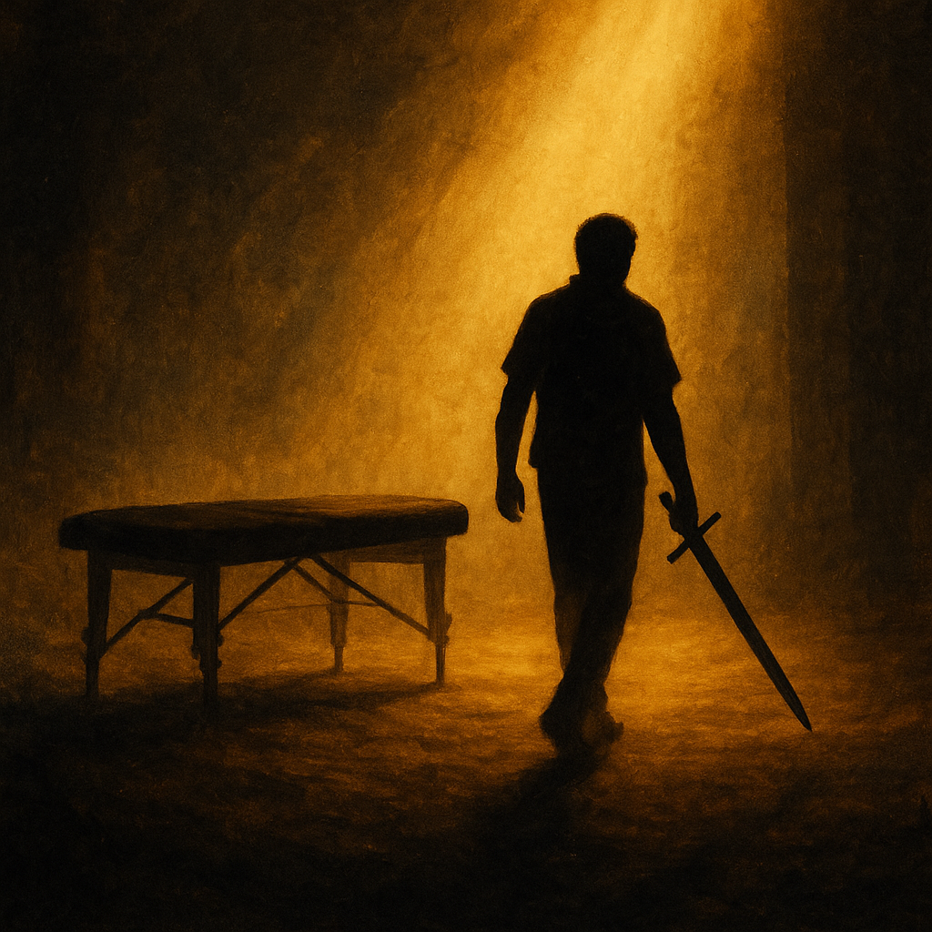 Silhouette of a person walking away from a massage table toward a sunbeam, holding a sword — symbolizing leaving one calling to pursue another.