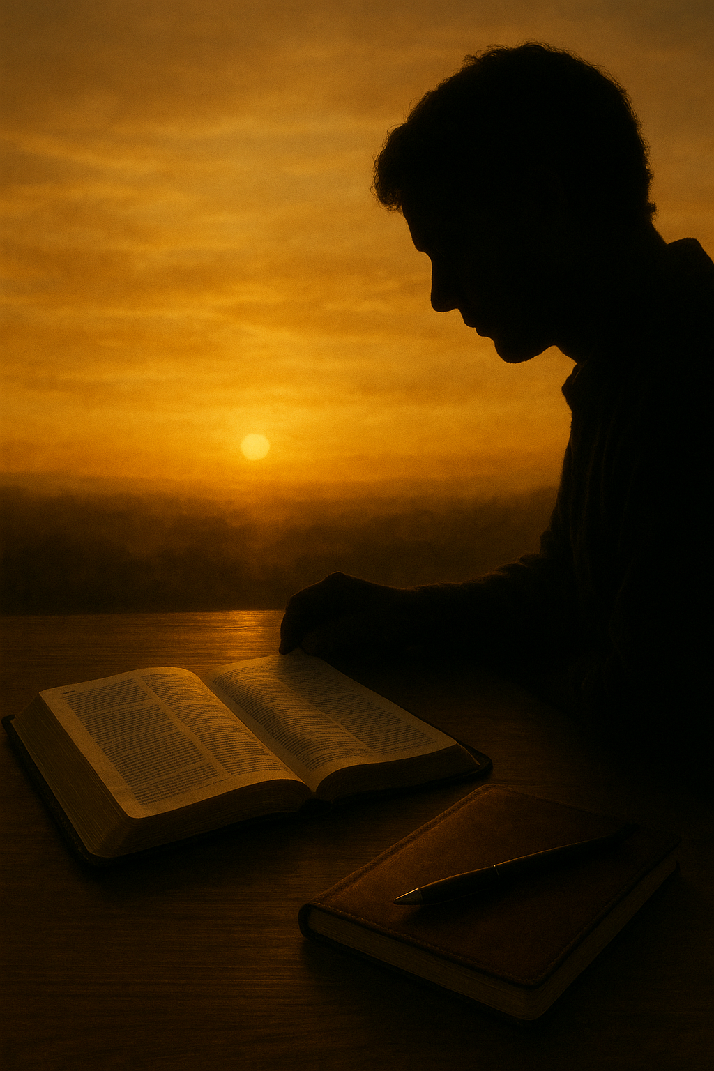 Silhouette of a man studying the Bible and journal at sunrise, reflecting faith and contemplation