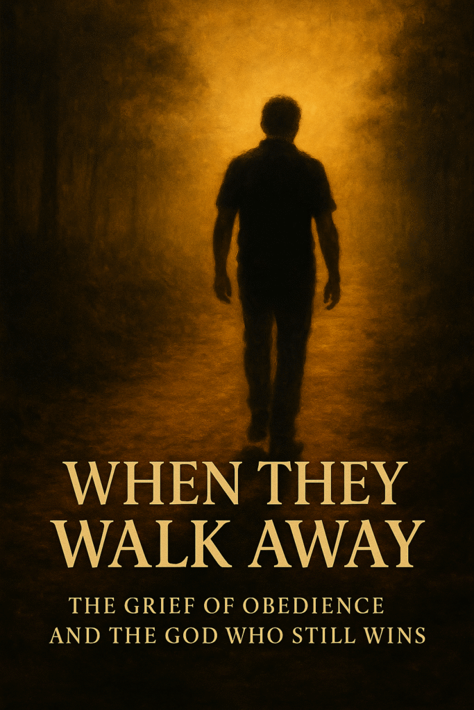 A lone man walks into a glowing path surrounded by darkness, symbolizing the cost of obedience and the grief of spiritual separation.
