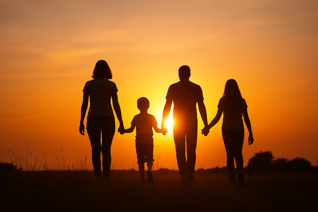 Silhouette of a multigenerational family walking hand-in-hand at sunset, symbolizing legacy, love, and biblical headship.