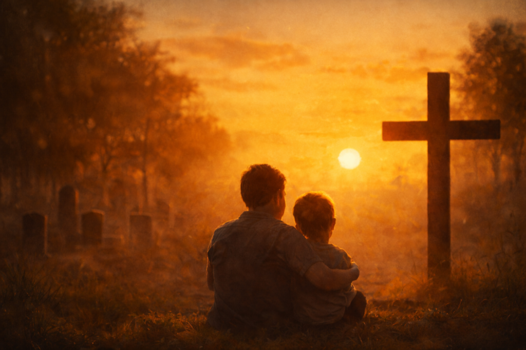 A father and child sit together at sunset near a cross, symbolizing comfort, grief, and hope.