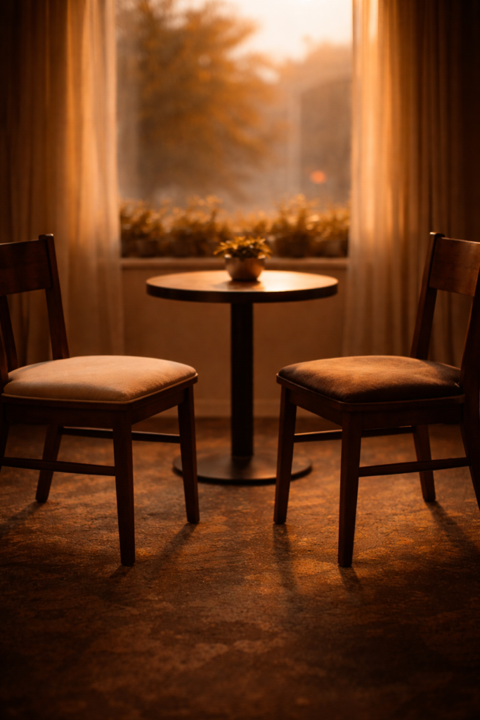 Two empty chairs facing each other across a small table in warm evening light, suggesting a thoughtful conversation.