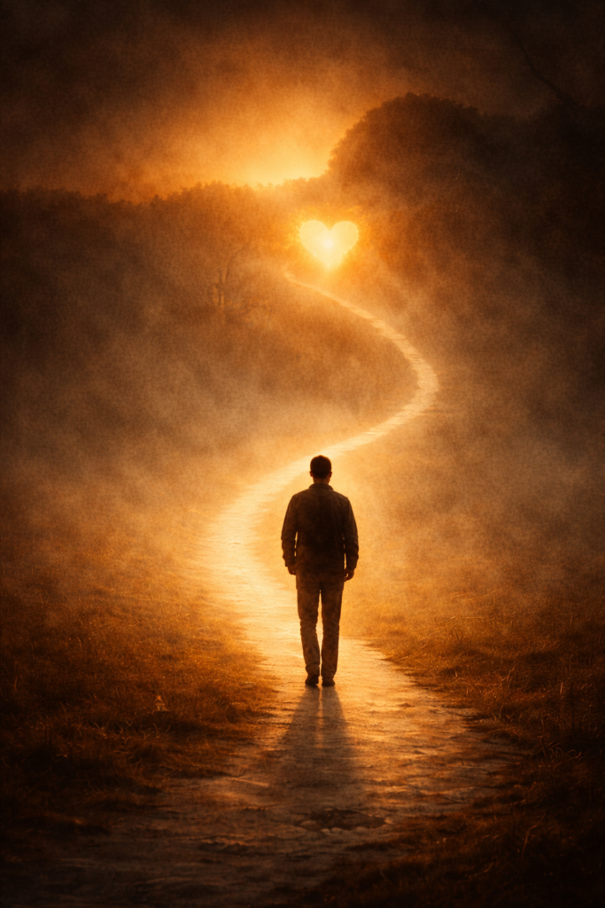 A solitary figure walks along a winding path through warm mist toward a softly glowing light shaped like a heart in the distance.