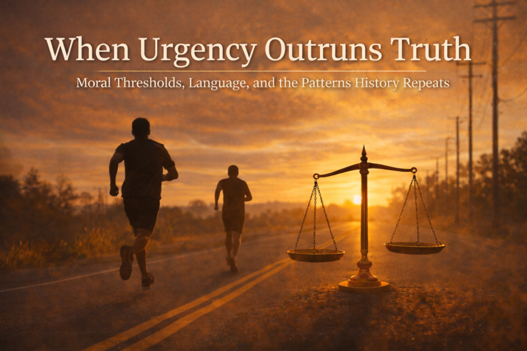 Two silhouetted figures running down a road, one ahead of the other, with scales of justice resting behind them at sunset.